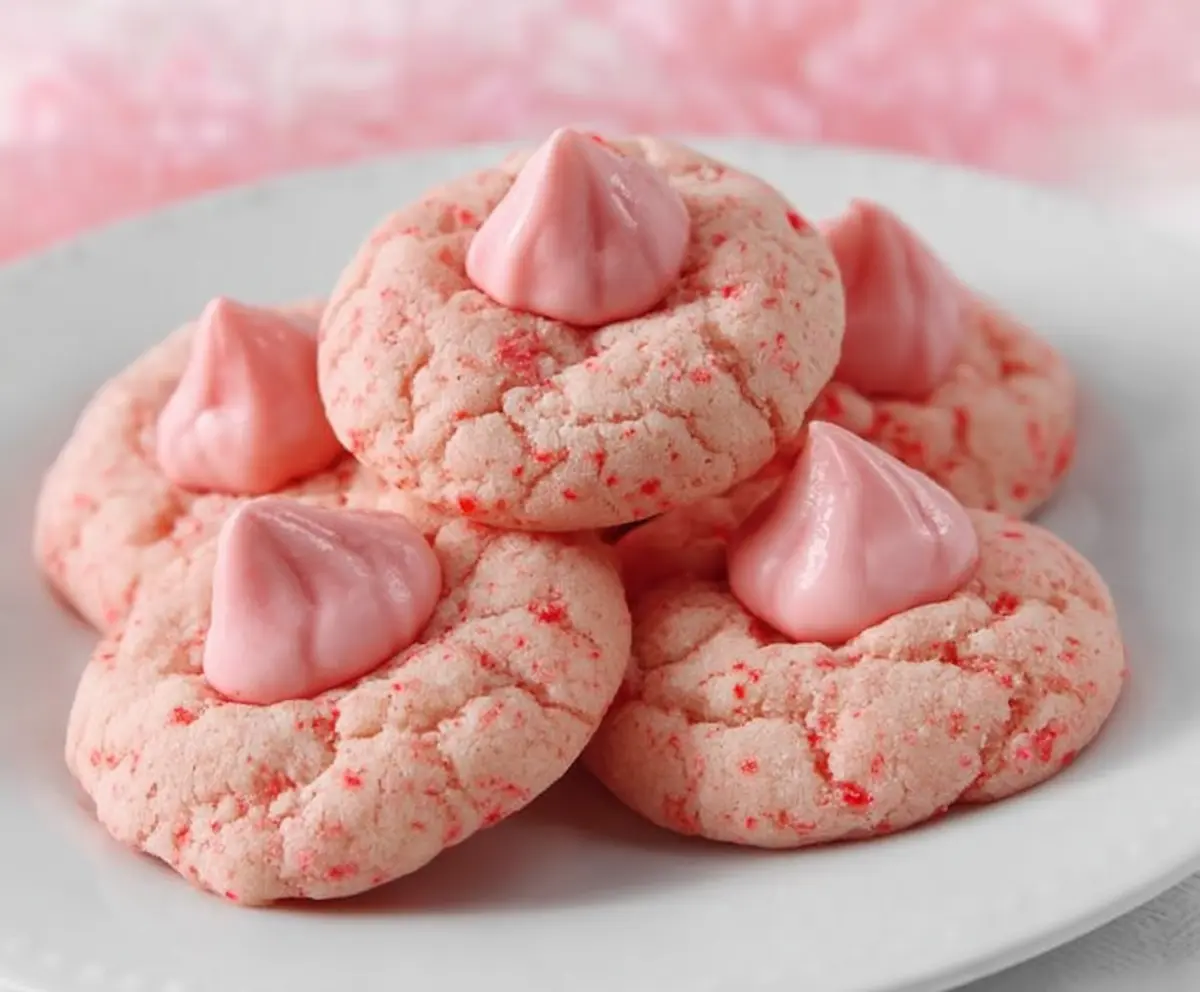 Delicious Strawberry Kiss Cookies with a sweet strawberry glaze and colorful sprinkles.