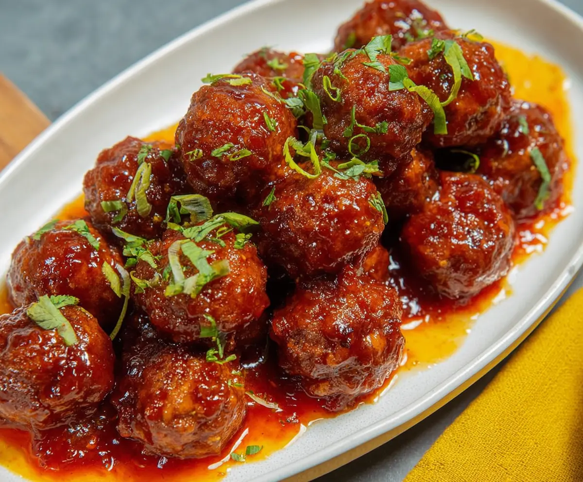 Delicious sweet and spicy meatballs served on a platter with a glossy glaze.