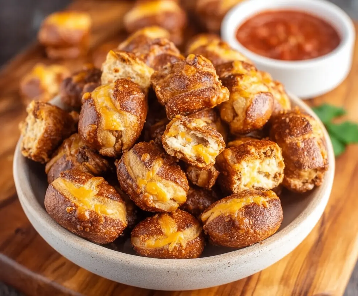 Tasty Taco Pretzel Bites with melted cheese and seasoned beef on a platter