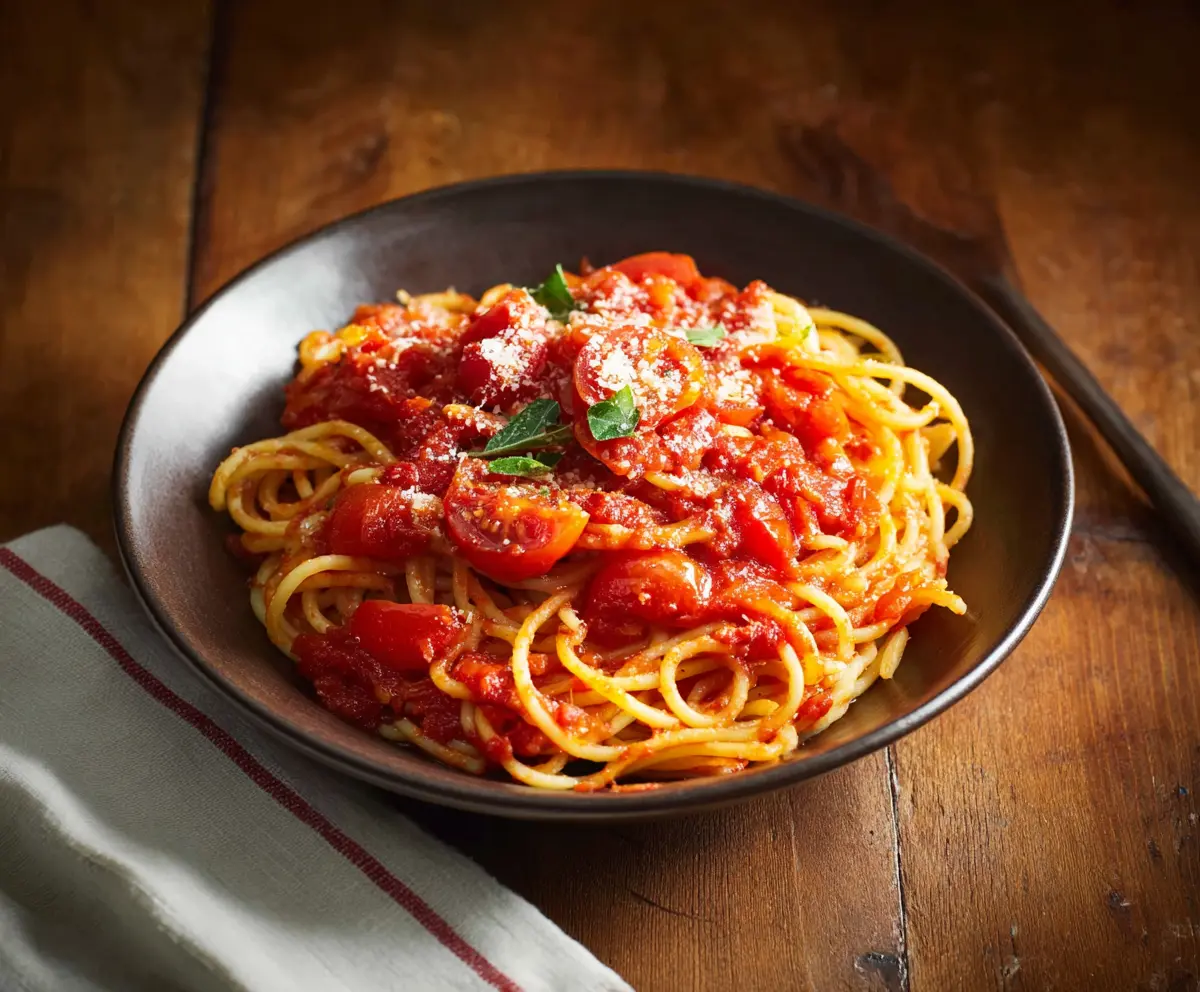 Homemade tomato pasta sauce in a rustic bowl with fresh basil and garlic.