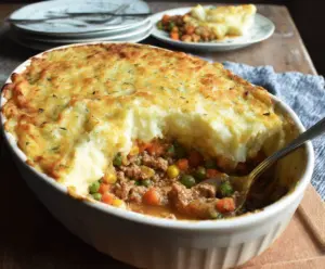 Delicious homemade Turkey Shepherd's Pie topped with mashed potatoes and crispy golden crust.