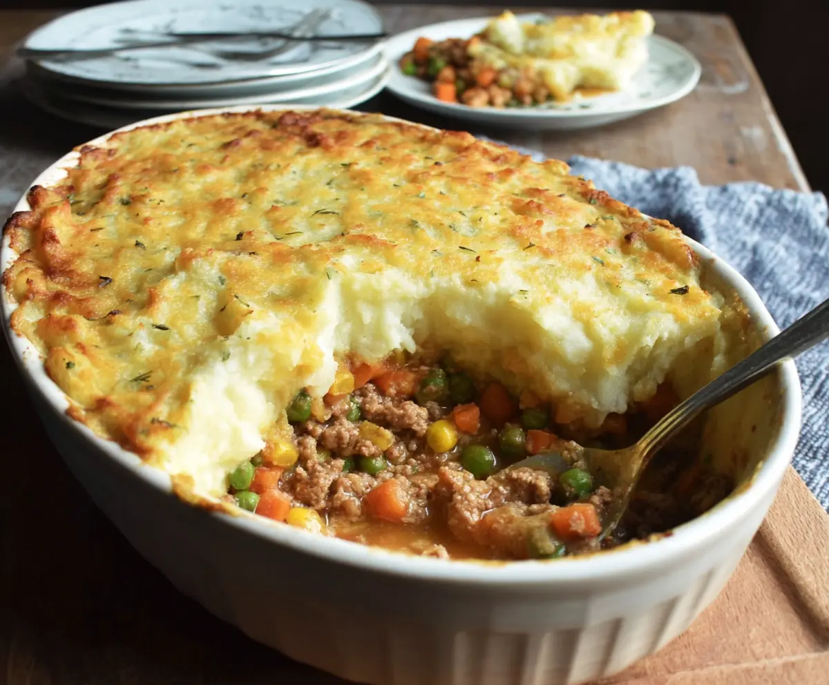 Delicious homemade Turkey Shepherd's Pie topped with mashed potatoes and crispy golden crust.