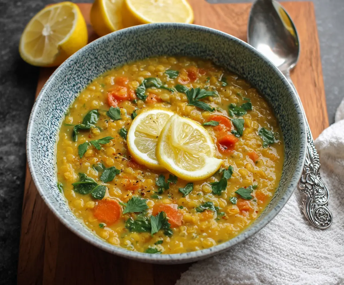 Vegan Lemon Lentil Soup with Turmeric served in a bowl, garnished with fresh herbs.