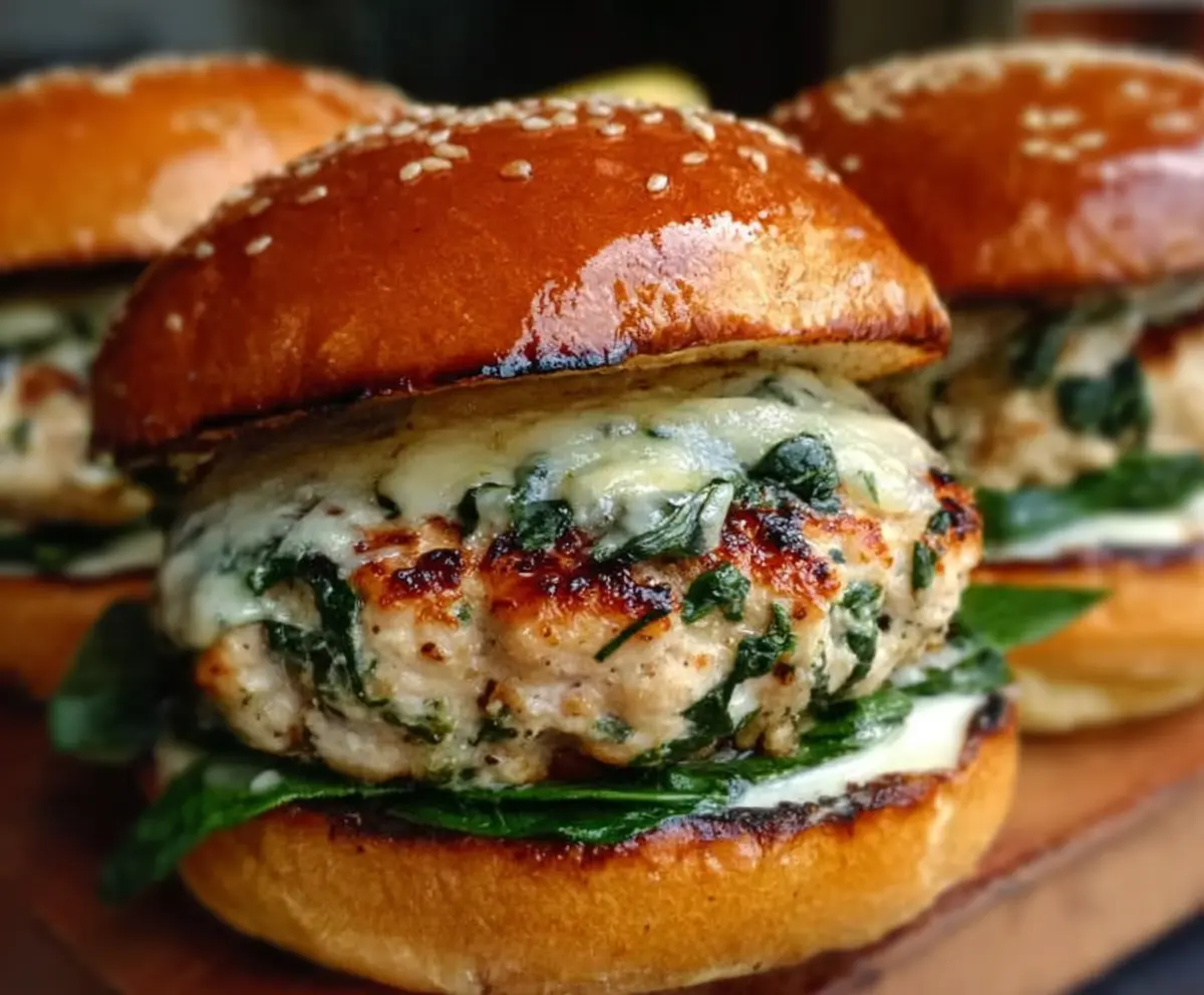 Delicious white cheddar spinach chicken burgers served on a plate with fresh greens.