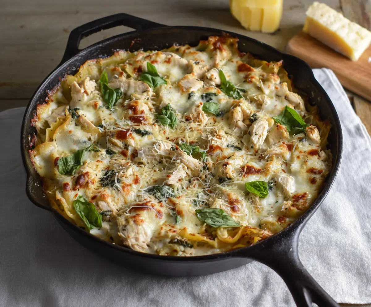 Delicious white chicken skillet lasagna with layered cheese and tender chicken in a sizzling skillet.