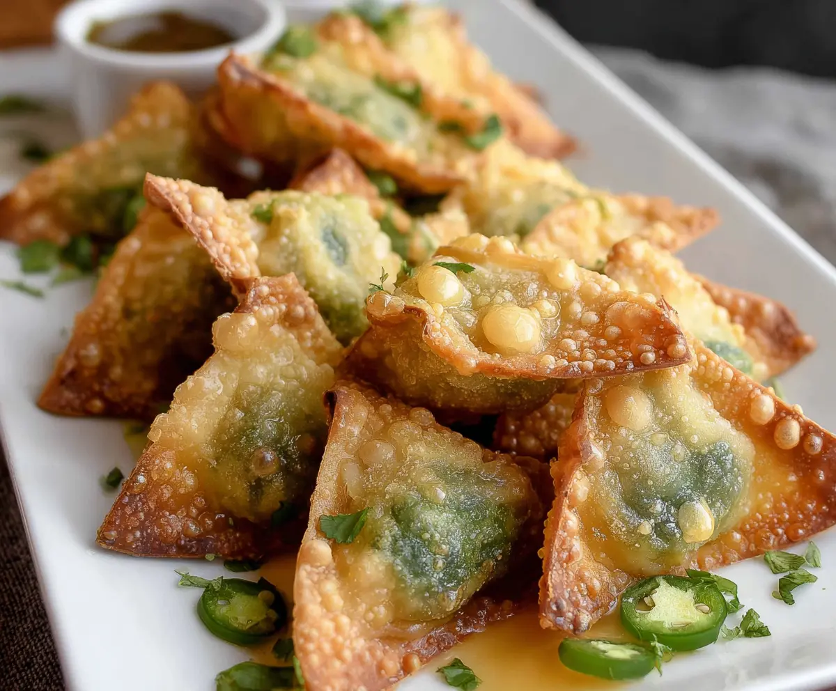 Crispy Wonton Jalapeño Poppers filled with cheese and topped with fresh herbs