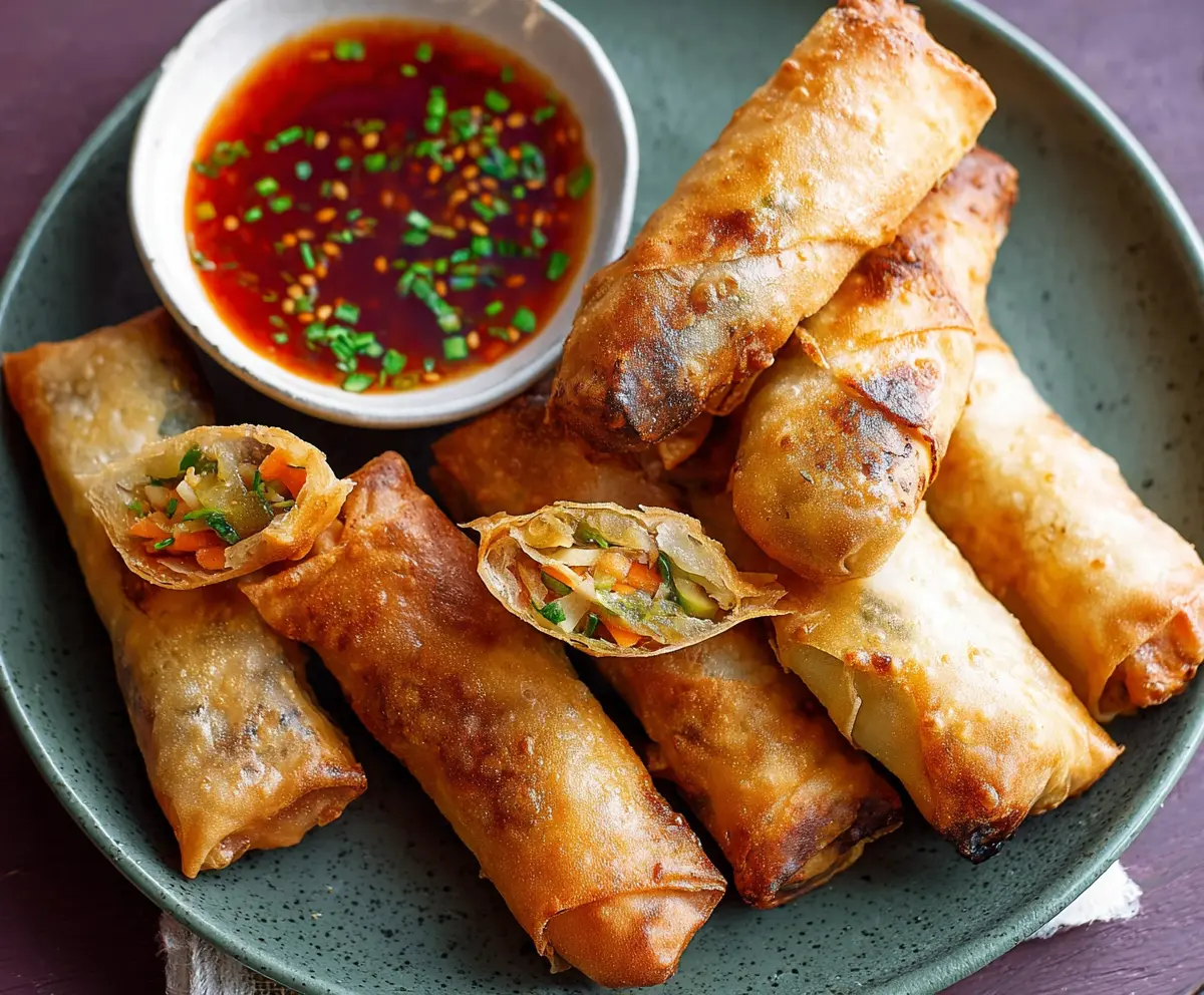 Crispy air fryer spring rolls with fresh vegetables on a white plate