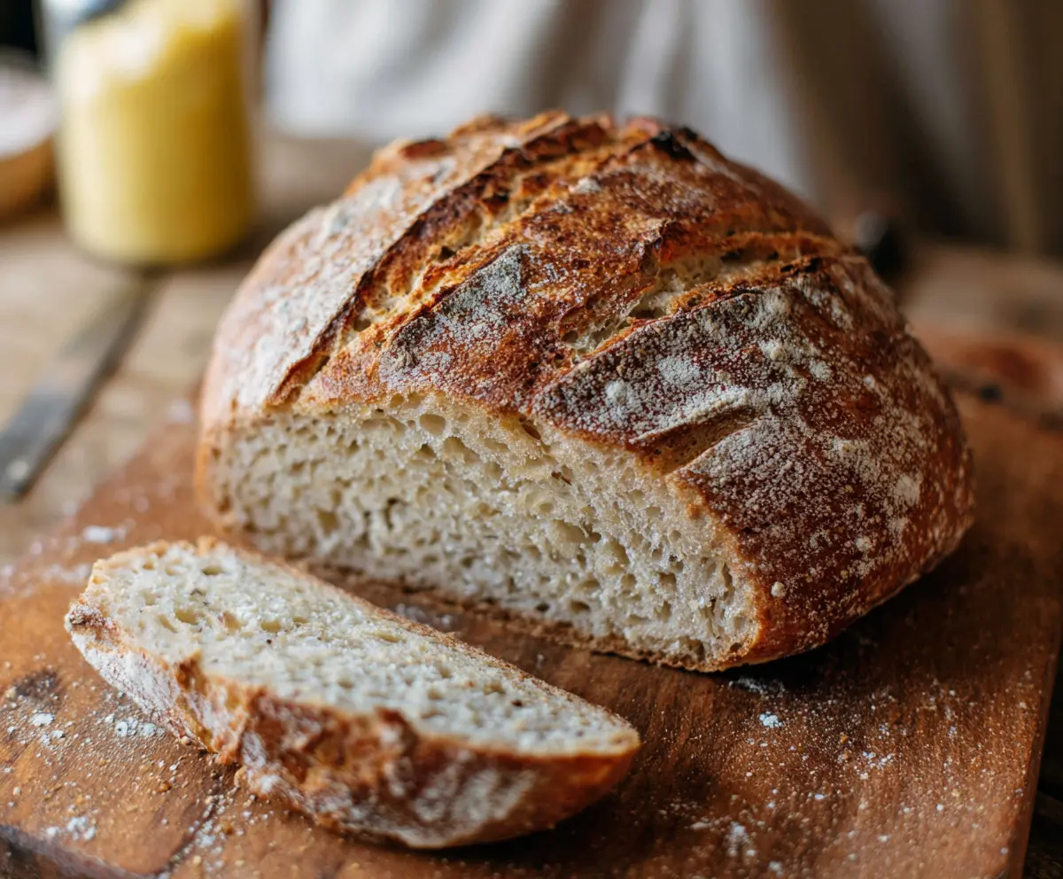 Freshly baked artisan sourdough bread with a crispy crust and airy interior on a wooden table