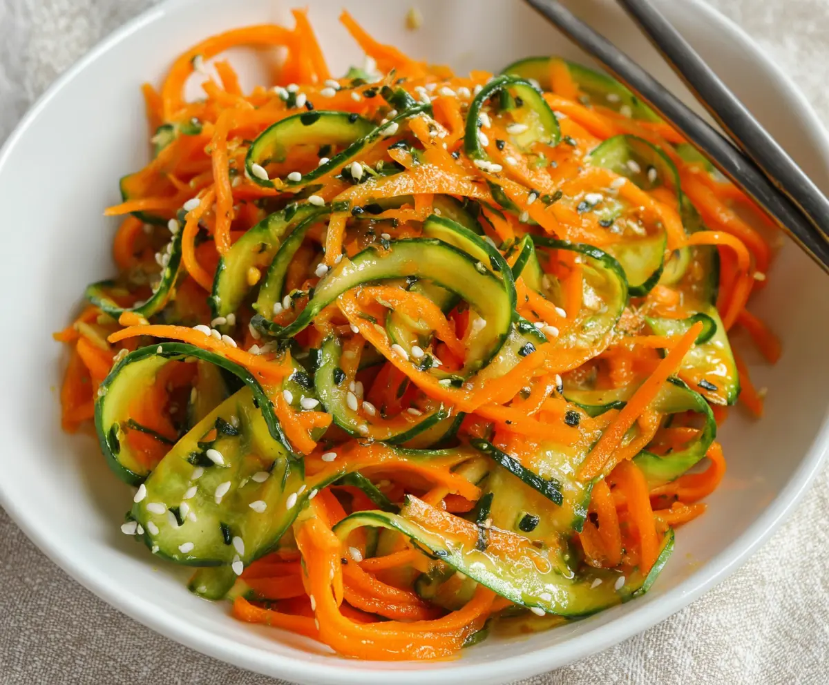 Fresh Asian carrot and cucumber salad with vibrant vegetables and sesame seeds.