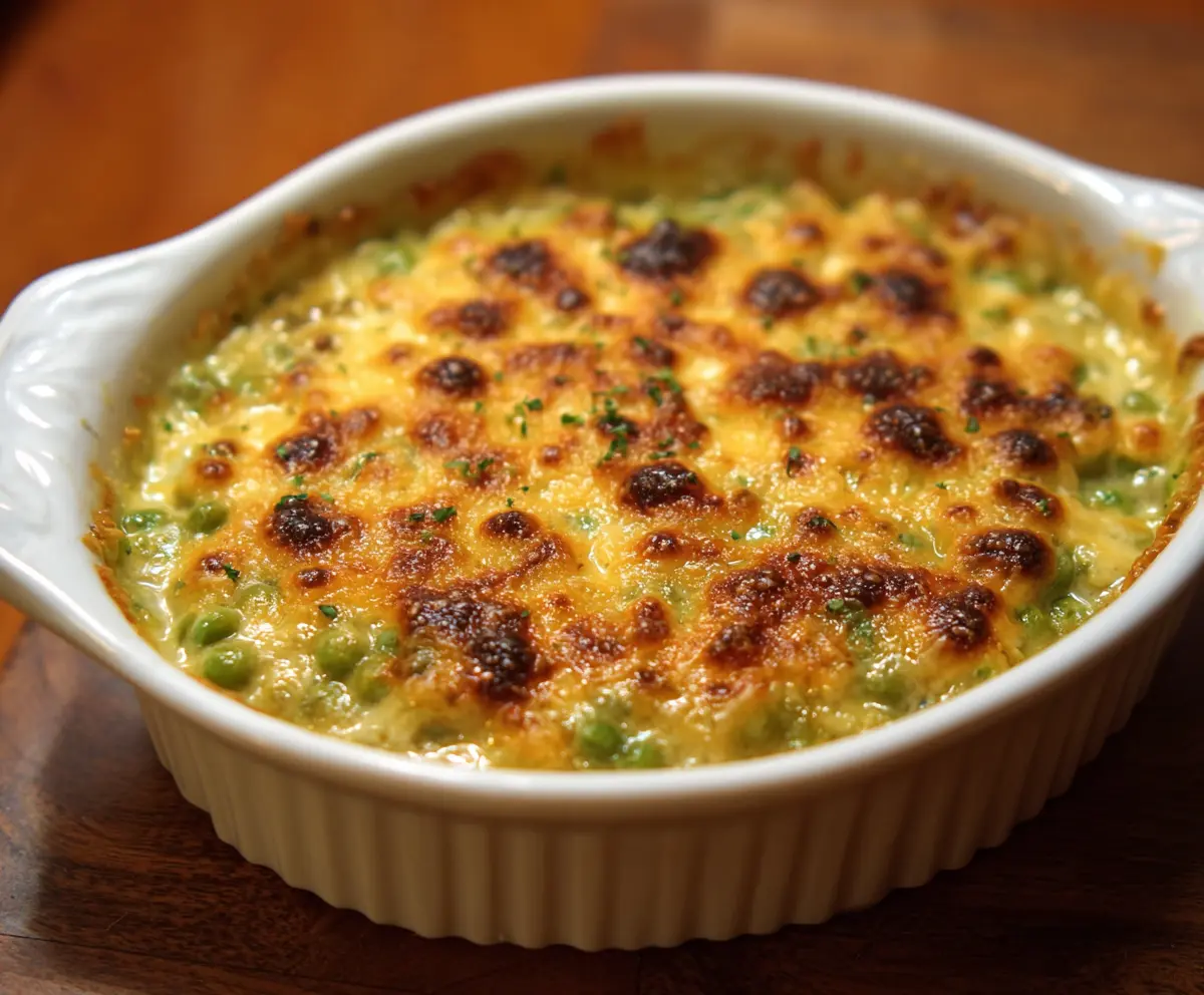Delicious Au Gratin Creamed Peas topped with golden cheese and herbs