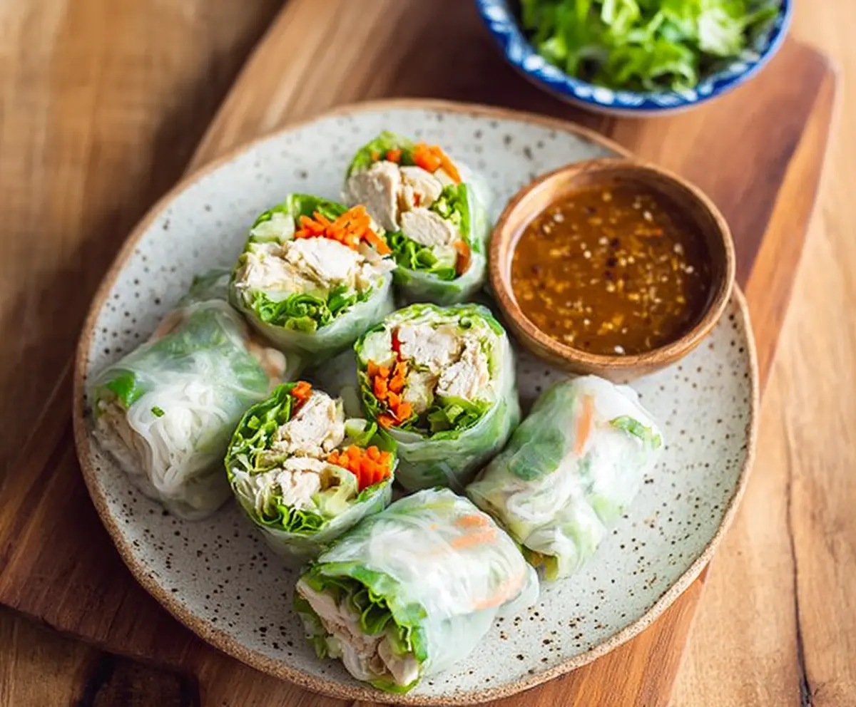 Delicious Bang Bang Chicken Rice Paper Rolls garnished with fresh herbs and served with dipping sauce.