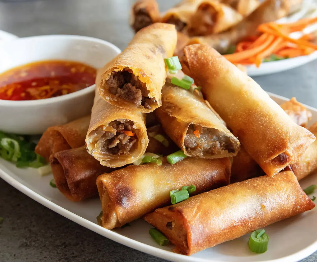 Crispy beef lumpia rolls on a plate, served with dipping sauce for a delicious Filipino appetizer