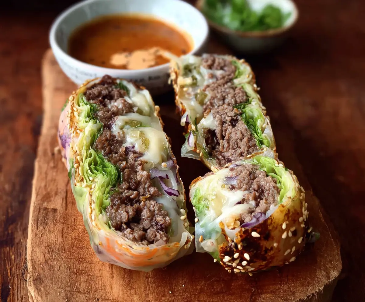 Delicious Big Mac Rice Paper Rolls filled with beef, lettuce, cheese, and special sauce.
