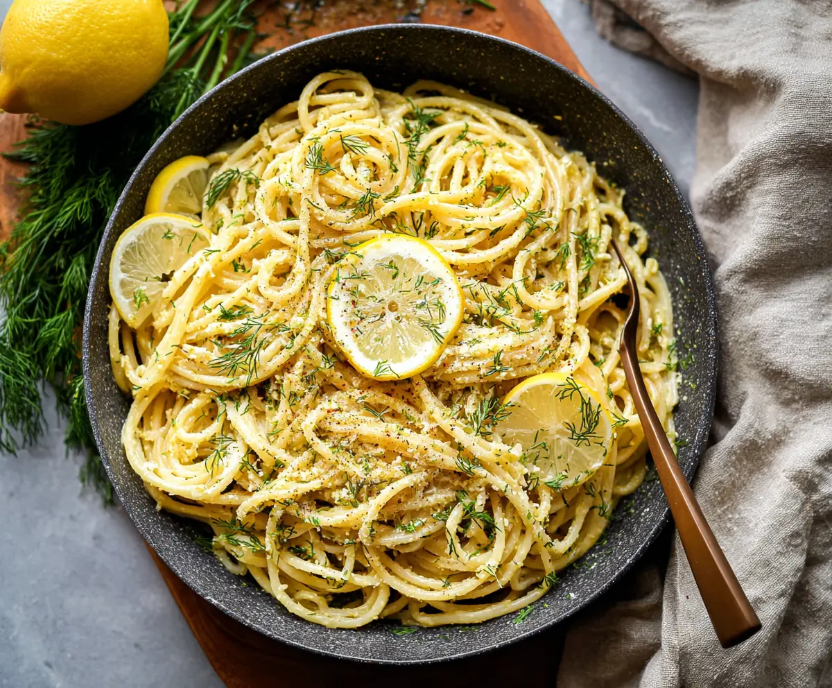 Delicious browned butter lemon dill pasta garnished with fresh herbs on a white plate