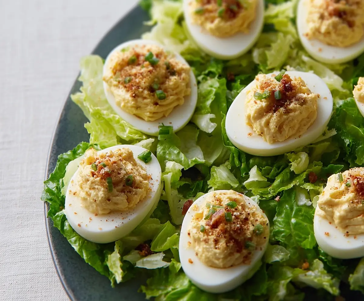 Delicious Caesar Deviled Eggs garnished with fresh herbs on a white plate.