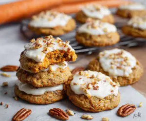 Delicious homemade carrot cake cookies with creamy frosting and chopped nuts.