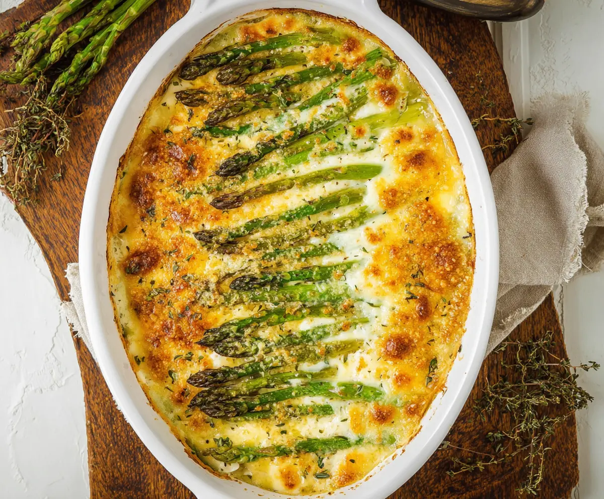 Delicious Cheesy Asparagus Bake topped with golden melted cheese and fresh herbs.