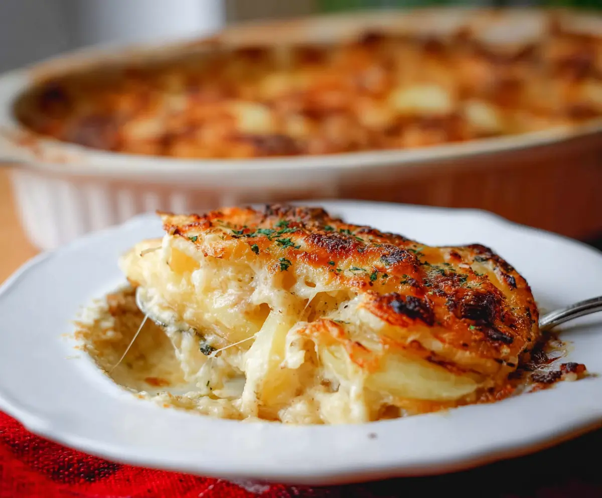 Delicious cheesy Delmonico potatoes casserole with golden baked cheese topping.