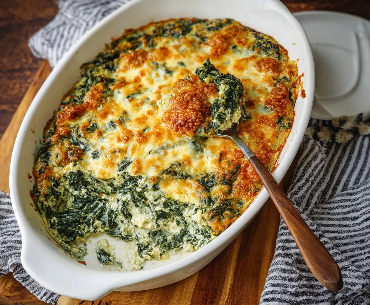 Delicious Cheesy Italian Spinach Bake with melted cheese and fresh spinach in a baking dish