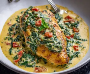 Savory chicken breast topped with spinach and Parmesan cheese sauce served on a white plate.