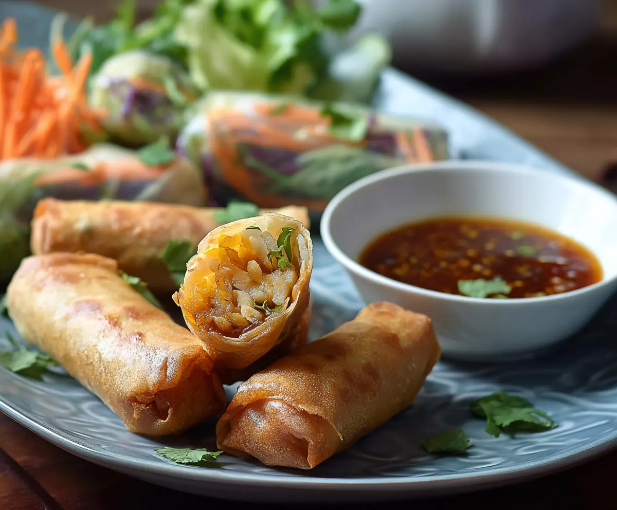 Crispy chicken spring rolls served with fresh vegetables and dipping sauce.