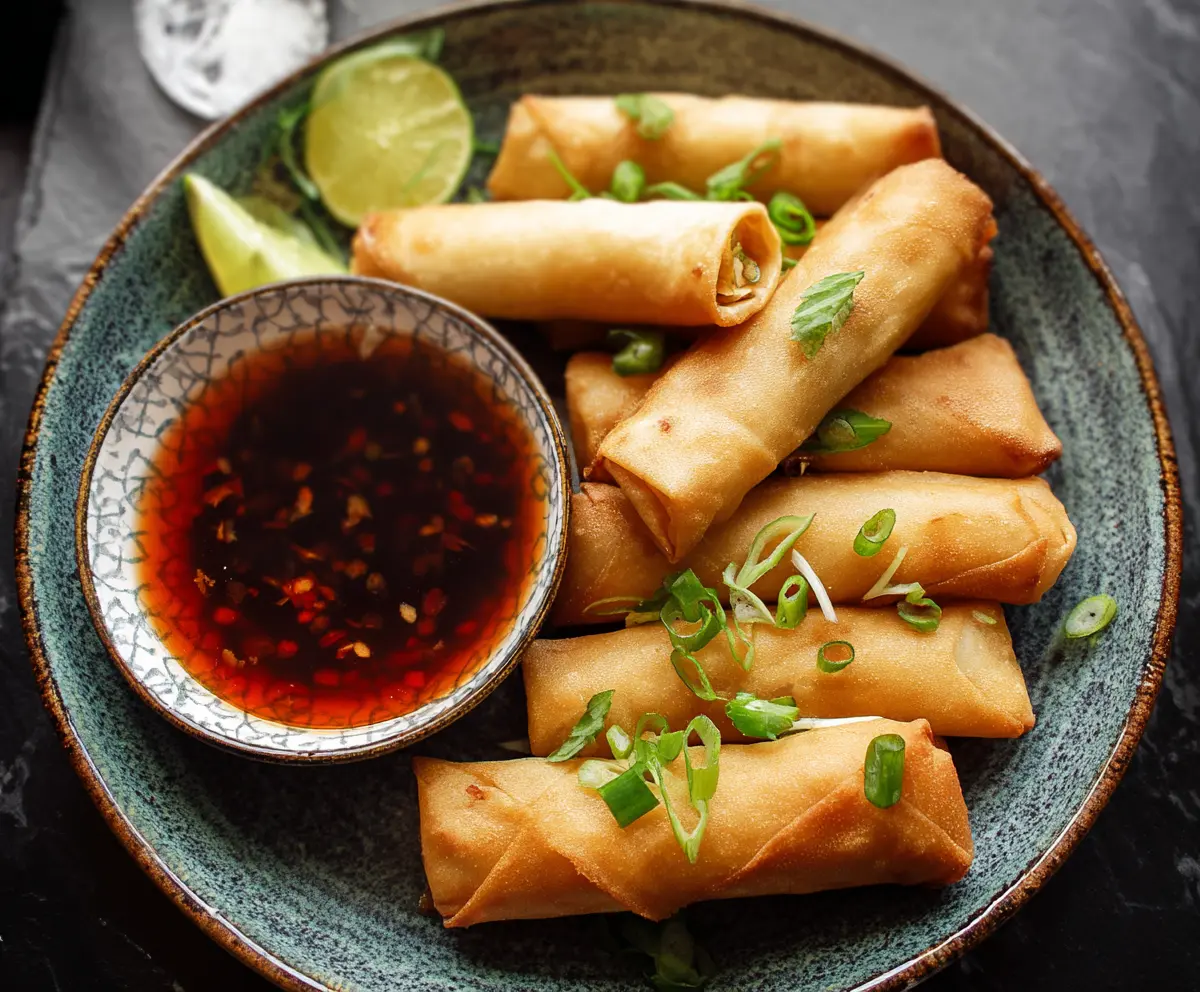 Crispy Chinese spring rolls filled with vegetables and served with dipping sauce.