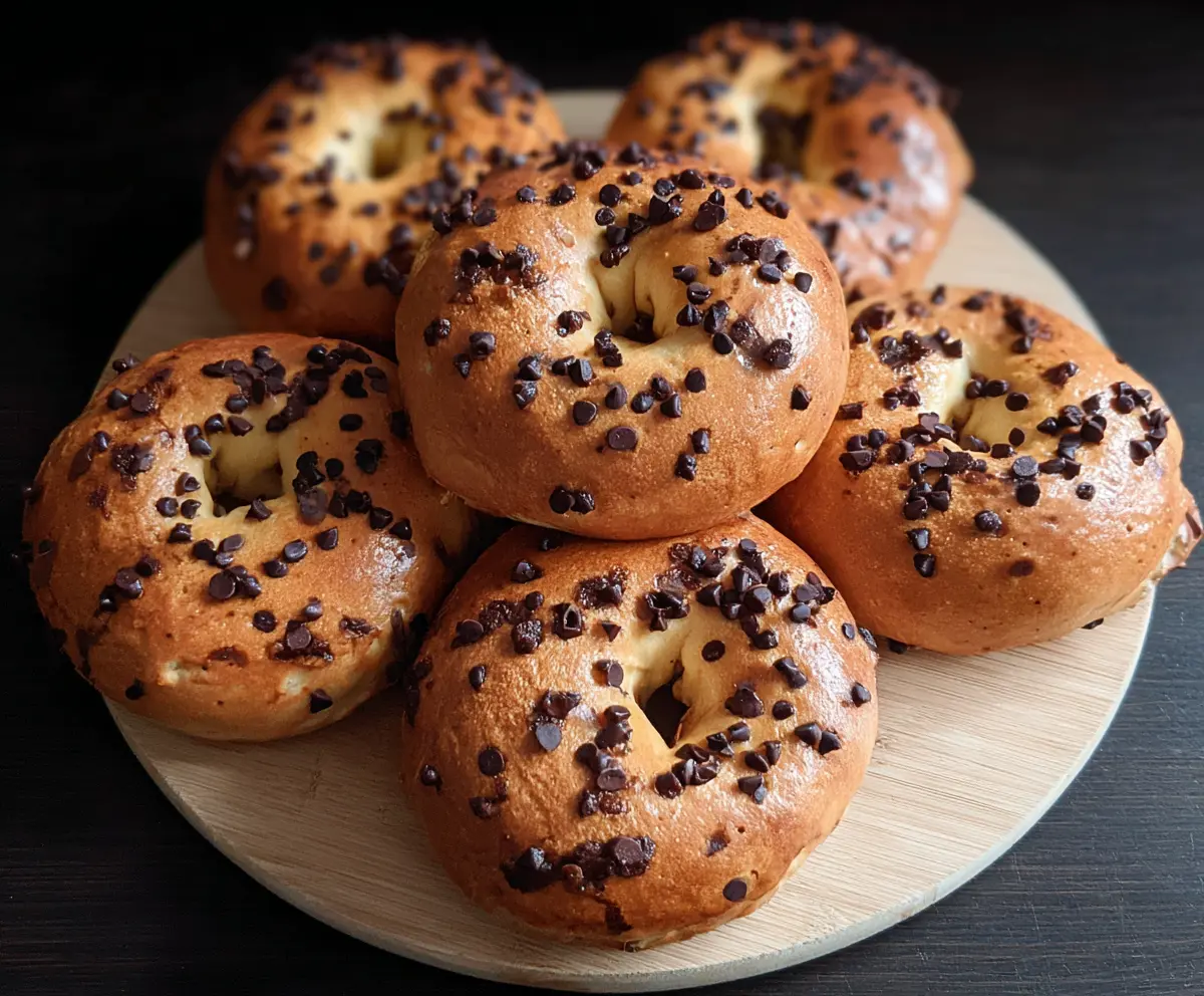 Delicious homemade chocolate chip bagels with gooey chocolate chips and golden-brown crust.