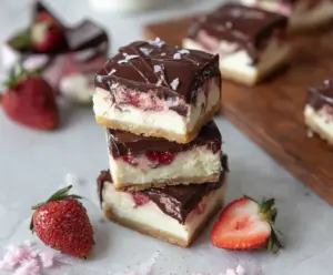 Chocolate-covered strawberry donut cheesecake bars garnished with fresh strawberries and a chocolate drizzle.