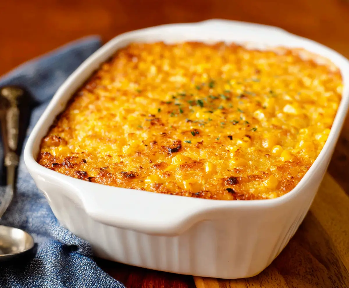 Delicious homemade Corn Casserole with golden-brown crust and creamy interior.