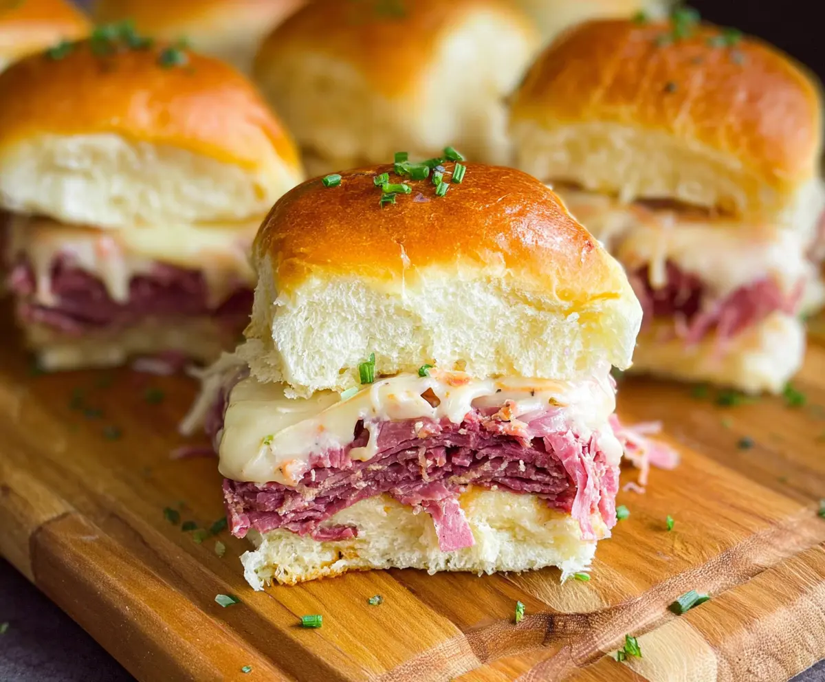 Delicious corned beef sliders with melted cheese and fresh pickles on a platter.