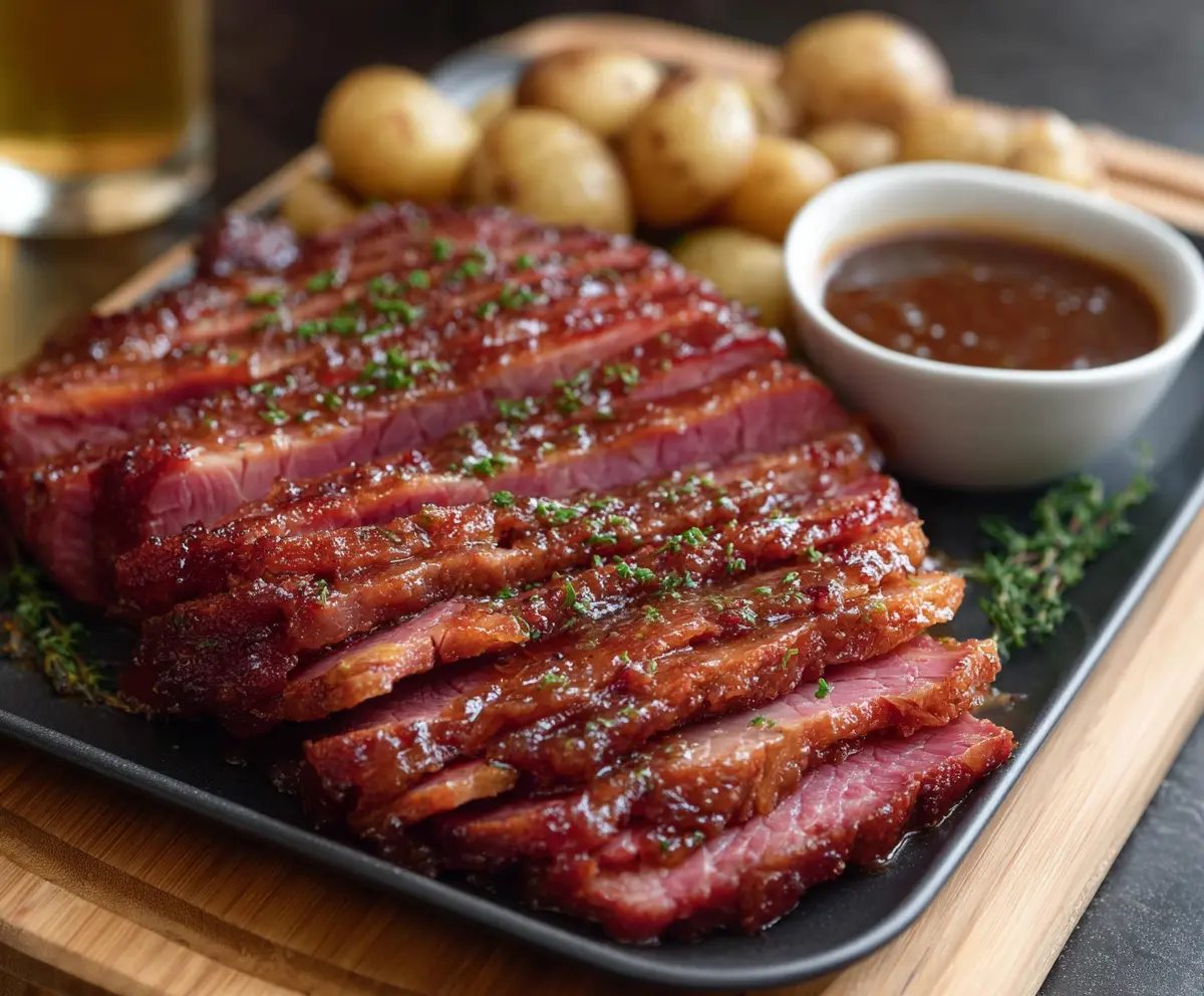 Delicious corned beef with a glossy beer glaze served on a plate