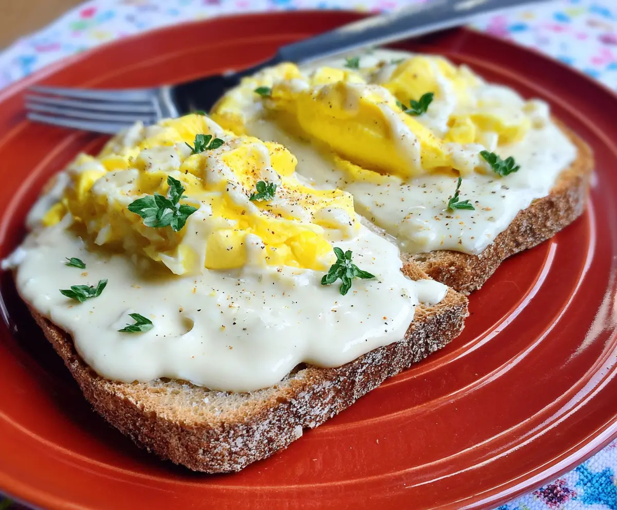 Delicious creamy eggs served on toasted bread for breakfast.
