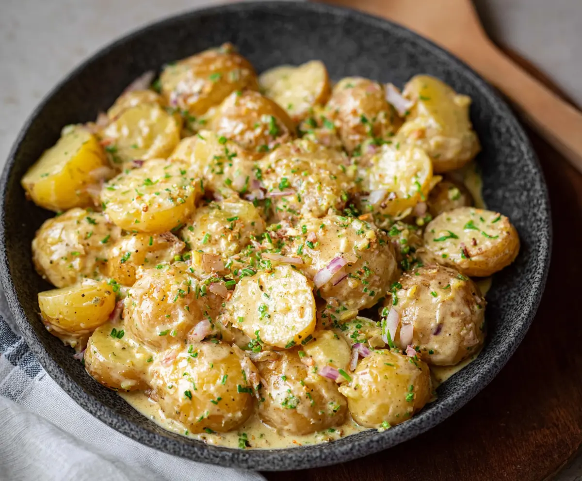 Creamy mustard potatoes served as a delicious side dish with herbs and spices.
