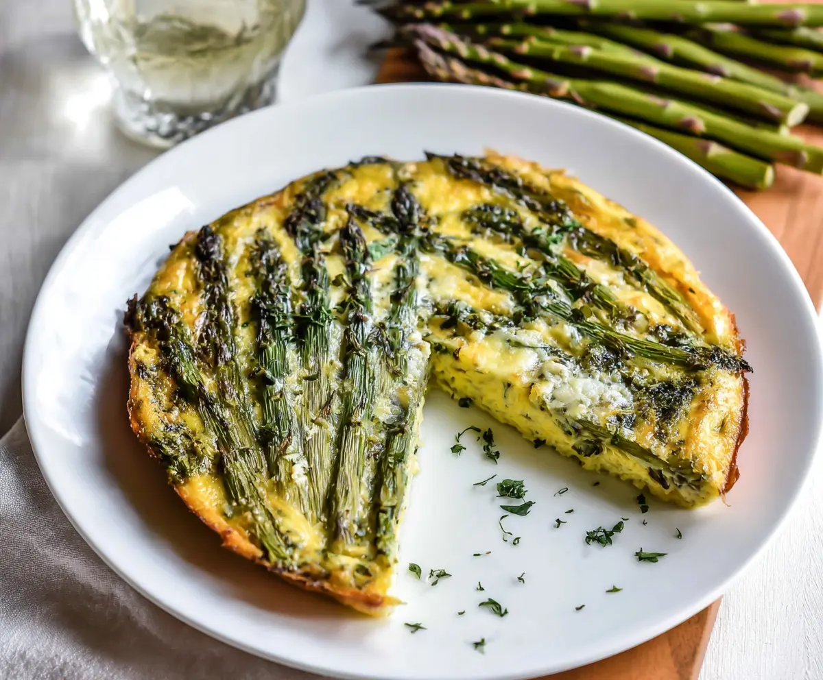 Delicious crustless asparagus quiche garnished with fresh herbs on a white plate