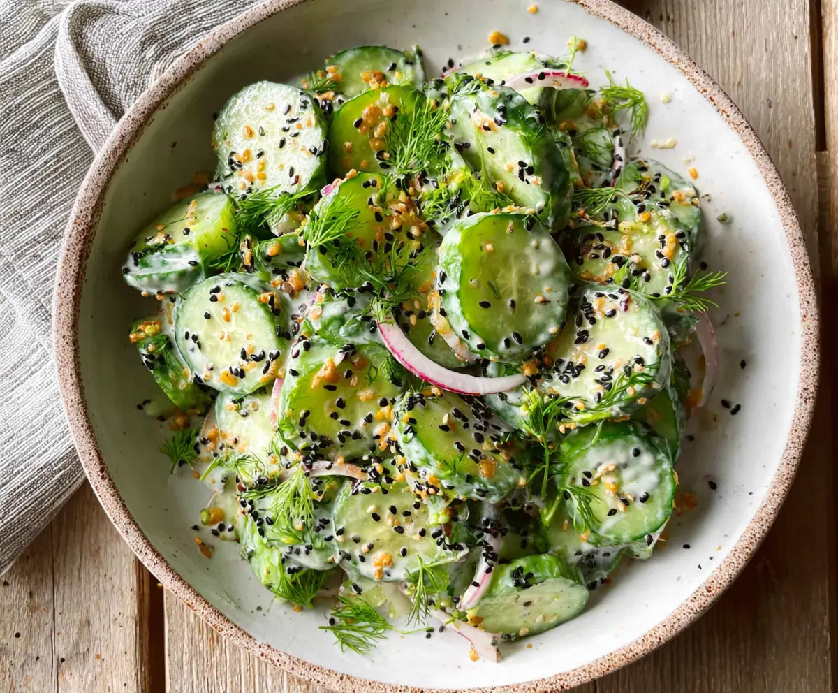 Fresh cucumber and cream cheese bagel salad with sesame seeds on a white plate.
