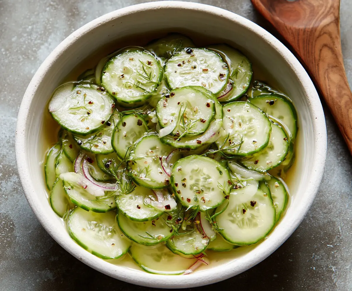 Fresh cucumber vinegar salad in a glass bowl, garnished with herbs for a healthy, refreshing appetizer.