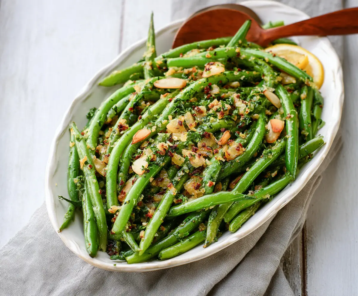 Delicious Dijon Green Beans seasoned with herbs on a white plate