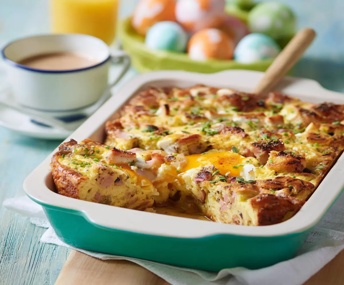 Delicious Easter Breakfast Bake with eggs, cheese, and vegetables in a golden pastry.