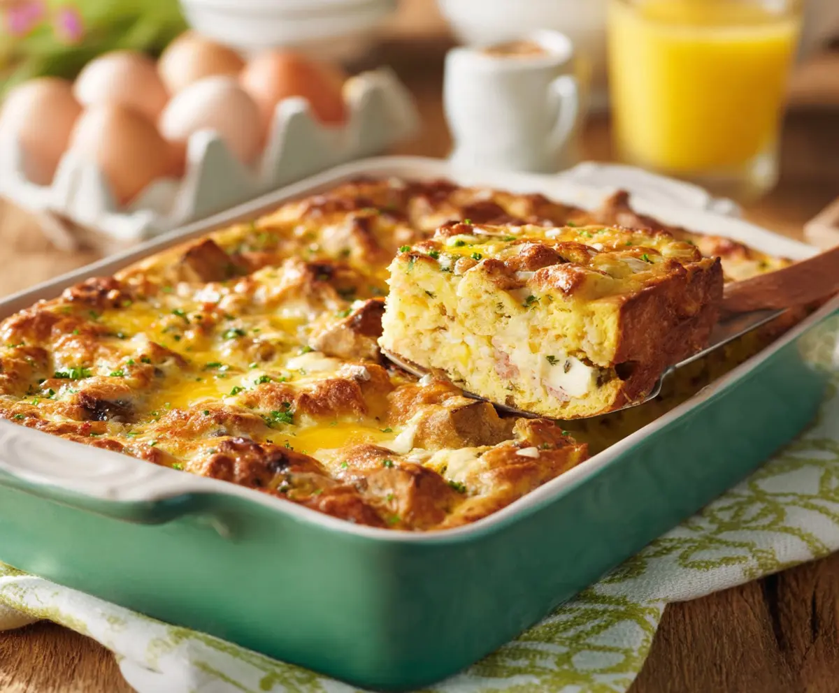 Delicious Easter Breakfast Casserole with eggs, cheese, and fresh herbs, perfect for holiday mornings.