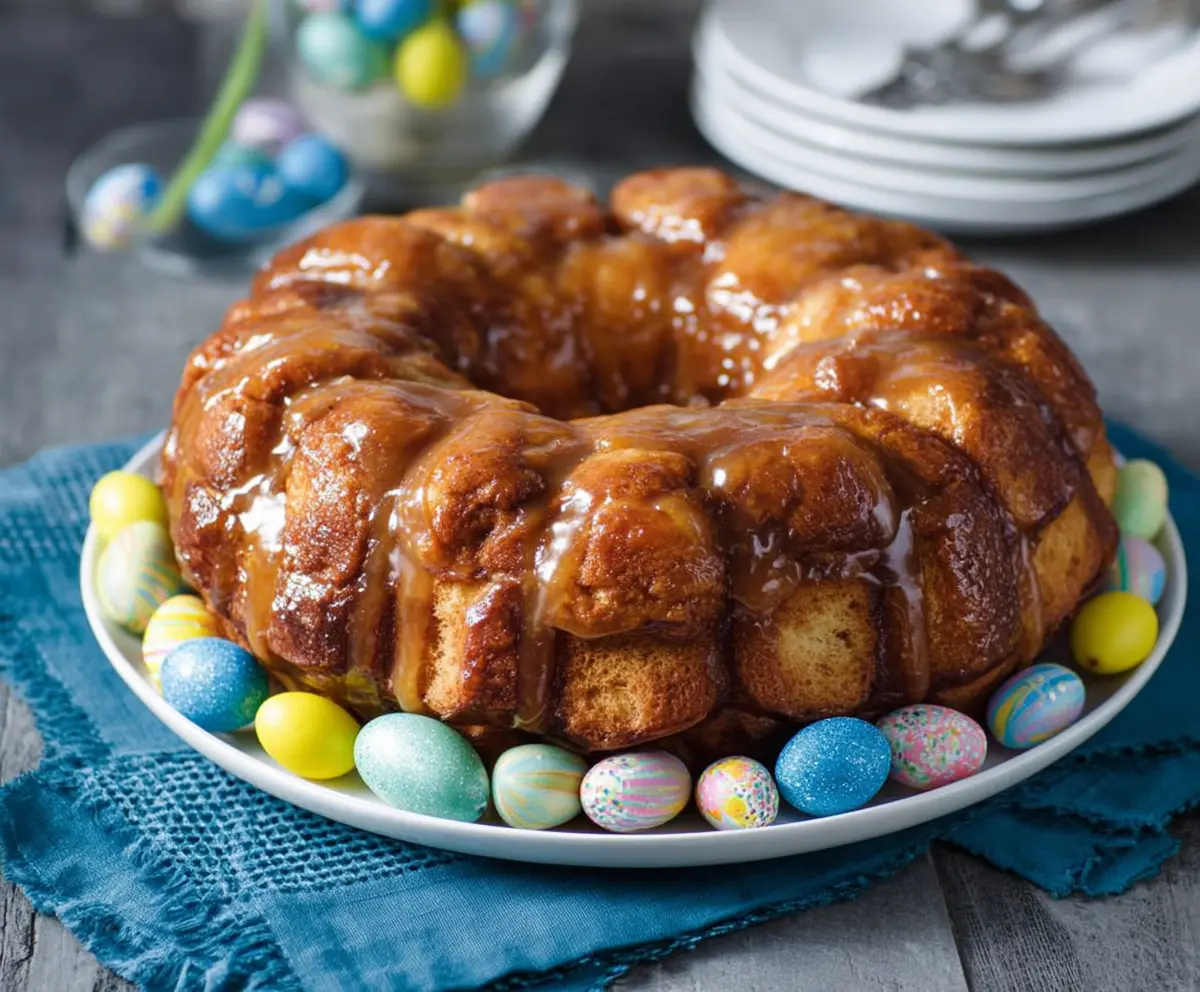 Delicious Easter Brunch Monkey Bread in a baking dish with powdered sugar topping.