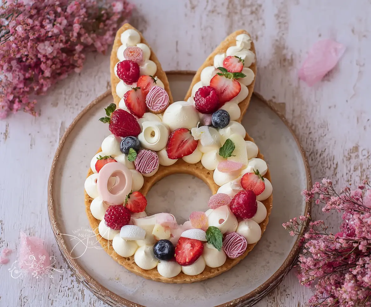 Delicious Easter Bunny Cream Tart decorated with colorful pastel icing for Easter celebration.