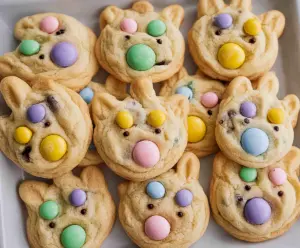 Delicious Easter Bunny M&M's cookies with colorful candies and festive bunny shapes.
