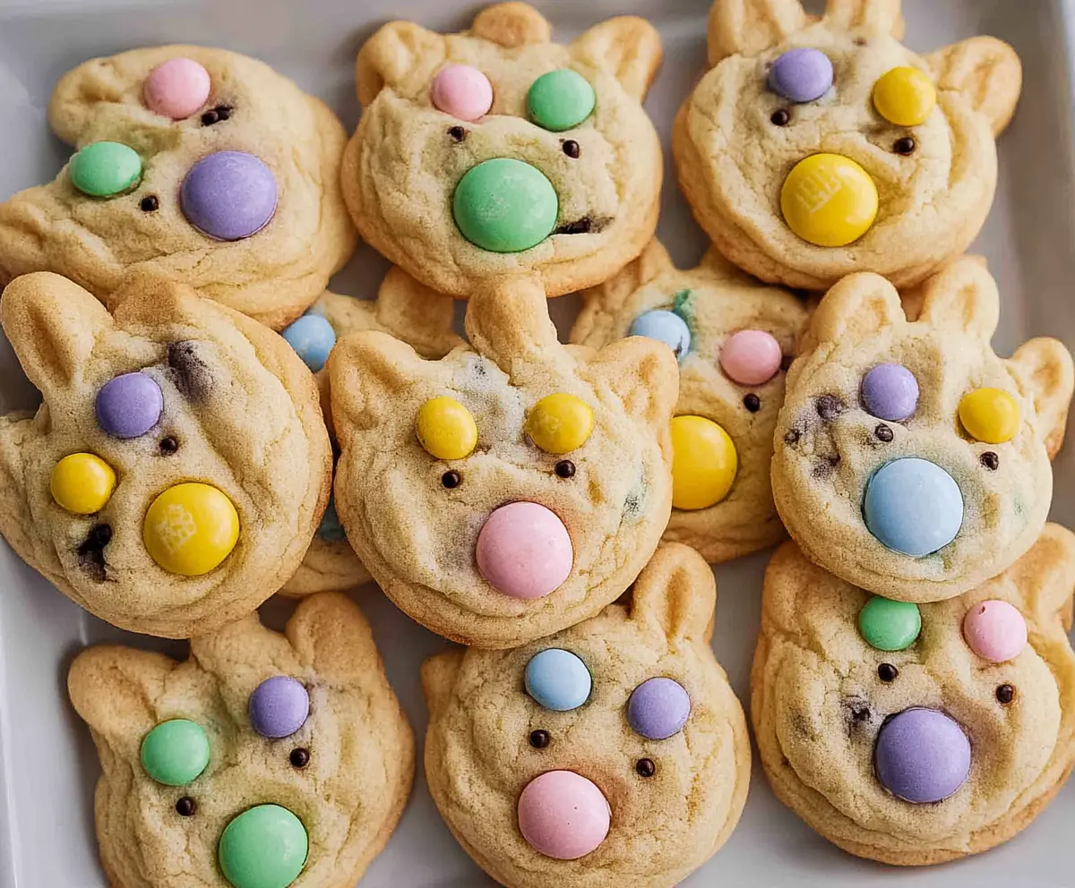 Delicious Easter Bunny M&M's cookies with colorful candies and festive bunny shapes.
