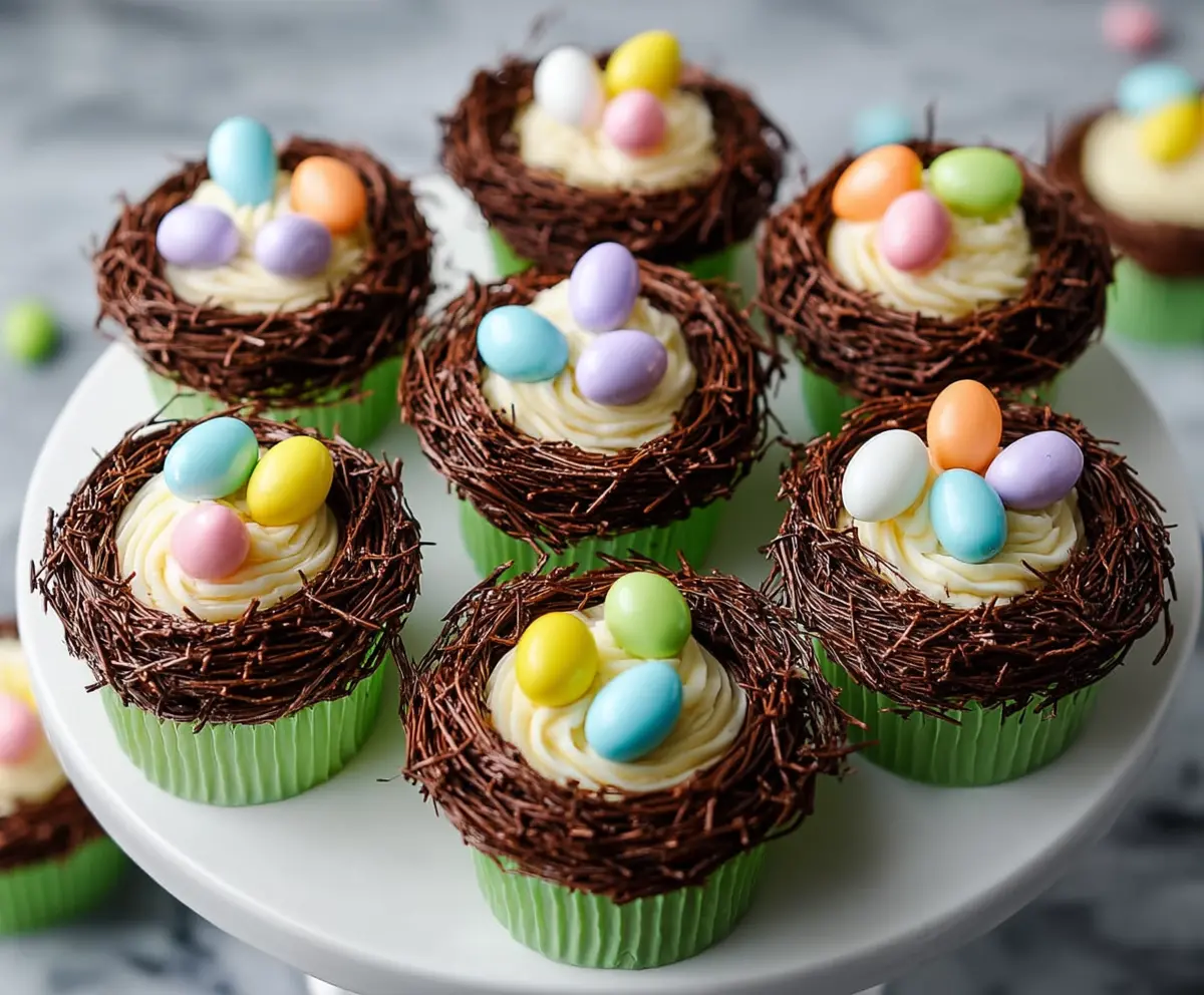 Delicious Easter Egg Nest Cupcakes with colorful candies and chocolate frosting for spring celebration.