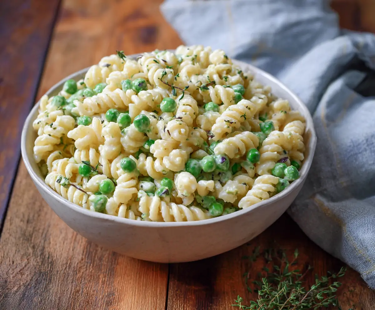 Fresh English Pea Pasta Salad with cherry tomatoes and herbs in a white bowl
