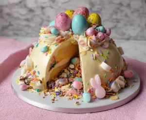Delicious Epic Easter Egg Smash Cake with colorful frosting and chocolate eggs for celebrating Easter.