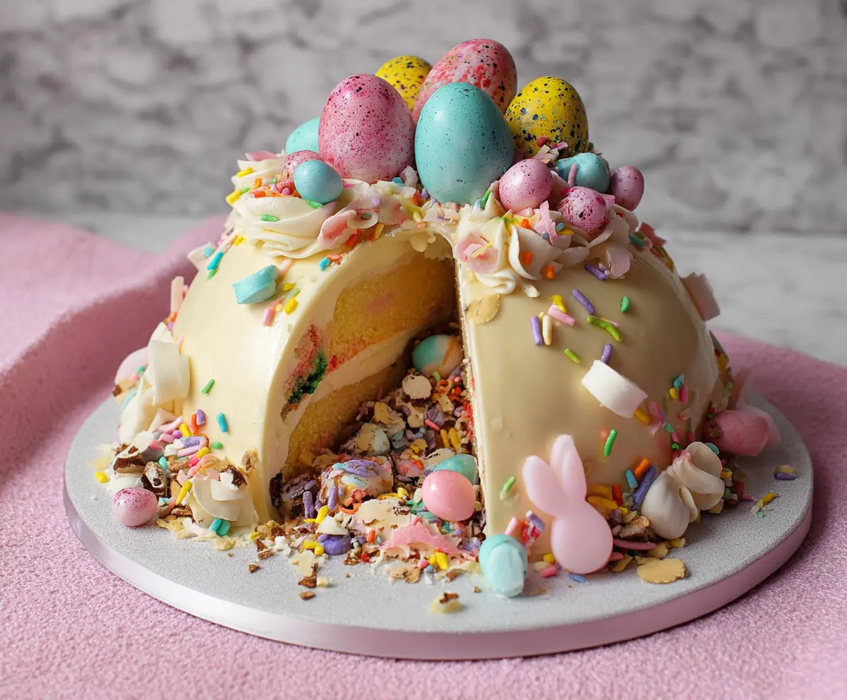 Delicious Epic Easter Egg Smash Cake with colorful frosting and chocolate eggs for celebrating Easter.