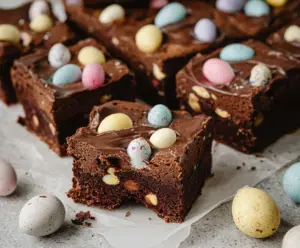 Delicious Frosted Mini Egg Easter Brownies topped with colorful mini eggs and a sweet frosting layer.