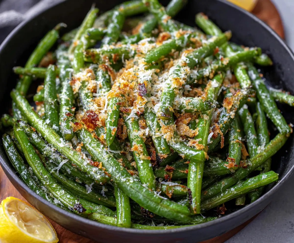 Delicious garlic Parmesan green beans served as a healthy side dish.