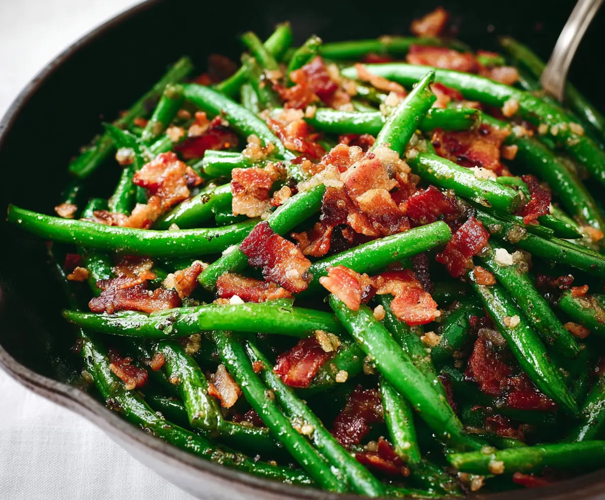 Delicious green beans cooked with crispy bacon for a flavorful side dish.